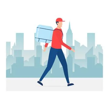 Courier in red uniform with parcel box going in city Stock Illustration