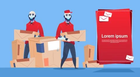 Courier Robots Carry Box Delivery Package Post Service Banner Copy Space Illustrazione stock