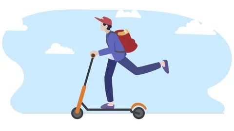 Courier on a scooter with backpack, delivering packages. Express delivery. Stock Footage 277356797