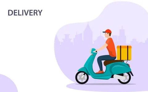 Courier on scooter with parcel box 库存插图