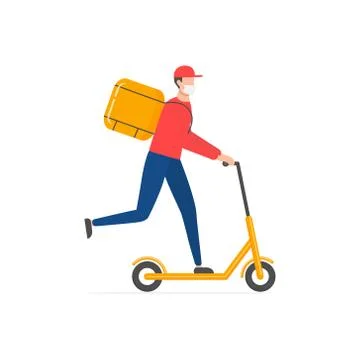 Courier on scooter with parcel box vector isolated on white. Stock Illustration