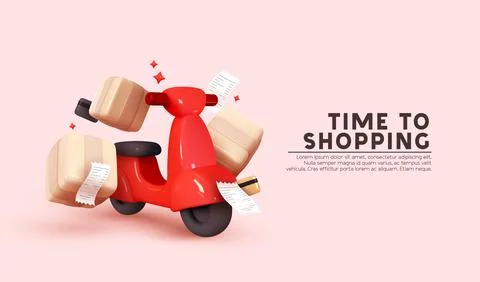 Courier service Delivery. Creative concept design. Realistic 3d scooter red.. Illustrazione stock