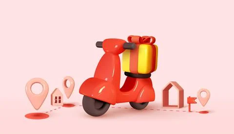 Courier service Delivery. Creative concept design. Realistic 3d scooter red c Illustrazione stock