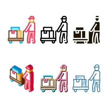 Courier with set trolley on wheels icon vector outline 스톡 일러스트