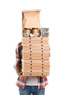 Courier with stack of orders on white background. Food delivery service 스톡 사진