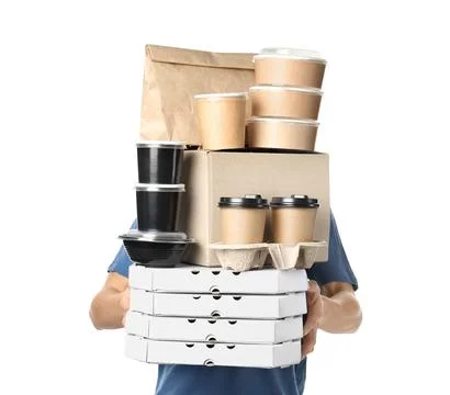 Courier with stack of orders on white background. Food delivery service Foto stock