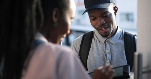 Courier tablet, black man and signature in delivery, package or parcel box in Stock Footage 247755415