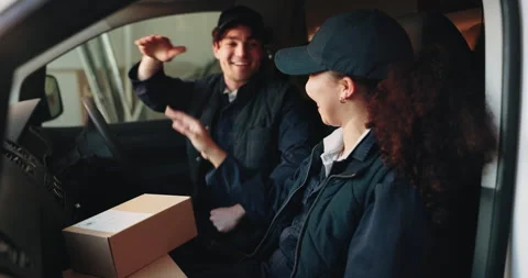 Courier, team or high five with boxes in van for delivery target, order Stock Footage 341574464