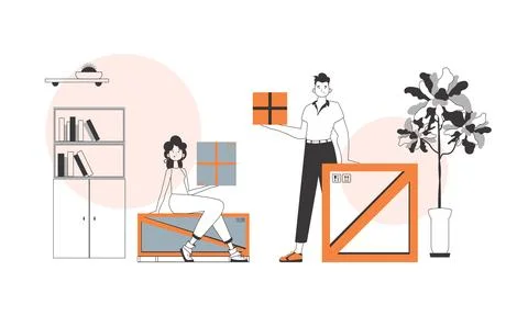 Courier team. Parcel delivery concept. Linear style. Stock Illustration