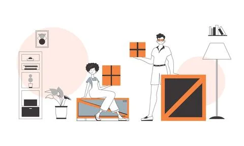 Courier team. Parcel delivery concept. Linear trendy style. 스톡 일러스트