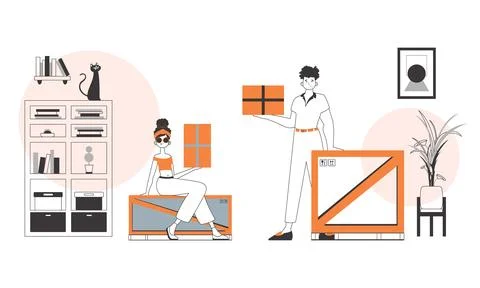 Courier team. Parcel delivery concept. Linear modern style. イラスト素材