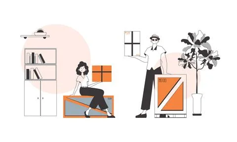 Courier team. Parcel Provider. Linear style. Illustrazione stock