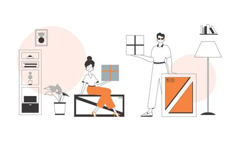 Courier team. Parcel Provider. Linear trendy style. 스톡 일러스트