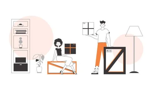 Courier team. Parcel Provider. Linear modern style. 스톡 일러스트