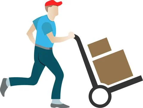 The courier transports parcels on a trolley. Vector illustration. Stock Illustration