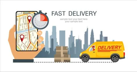 Courier on truck, stopwatch and hand with phone, order tracking. Fast Delivery Stock Illustration