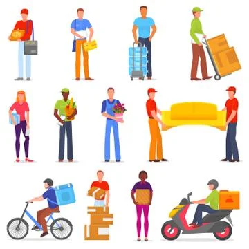 Courier vector postman character of delivery service delivering parcel box or Stock Illustration