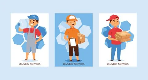 Courier vector postman man character of delivery service delivering parcel box Stock Illustration