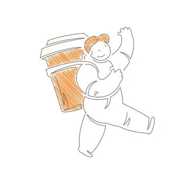 Courier walking with a large coffee cup on his back. Confident stride and che Stock Illustration