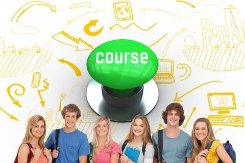 Course against digitally generated green push button Stock Photos