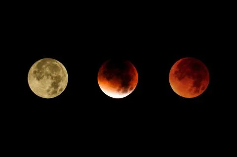 The course of the lunar eclipse, a collage of photos. Stock Photos