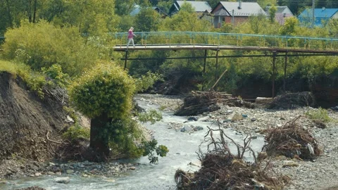 The course of a mountain river after floods. Remains of trees and stones after Stock Footage 134309499