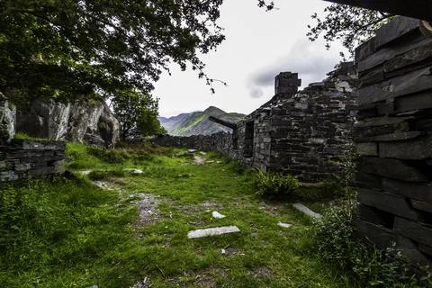 Course of old tramway in welsh slate quarry, Snowdonia or Eryri National Park Stock Photos