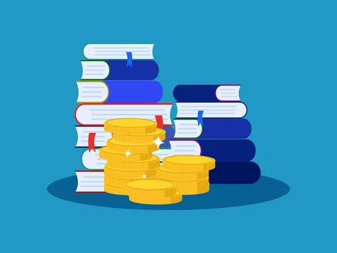 Course or study fees. Stack of money and books vector Illustrazione stock