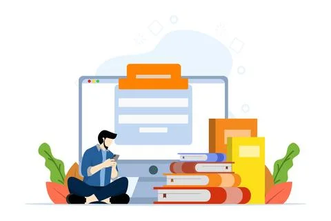 Course registration concept with tiny people. school curriculum, K-12 programs. Stock Illustration