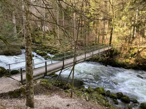 Course of the river Orbe between the cave or spring and settlement of Vallorbe Stock Photos
