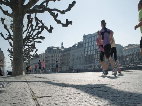 Courses des Ponts, Running competition in Geneva, slow motion. Stock Footage 74456674