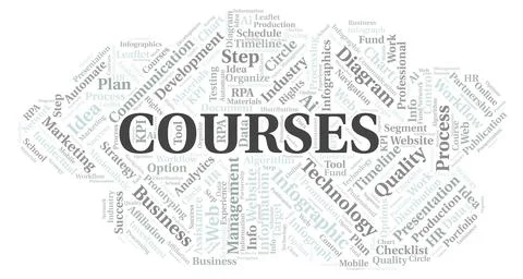 Courses typography word cloud create with the text only. Illustrazione stock