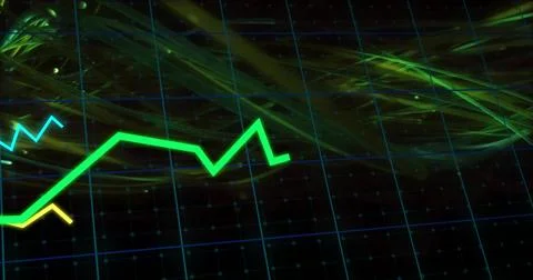 Coursing neon green jagged data line glowing across blue grid plane, with cyan Stock Illustration