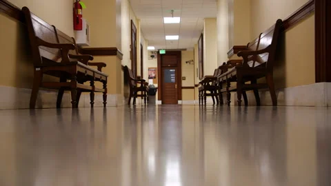 Court room b roll footage exterior hallway benches Stock Footage