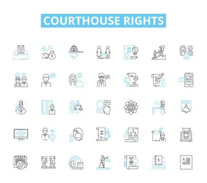 Courthouse rights linear icons set. Advocacy, Litigation, Due process, Civil Stock Illustration
