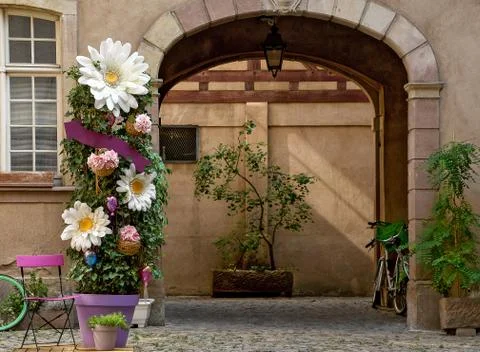 Courtyard with daisy pot Stock Photos