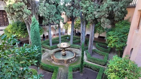 Courtyard garden, Alhambra complex, Granada, Andalusia, Spain Stock Footage 296126261