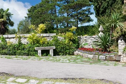 Courtyard of the Gothic Duino Castle on a cliff above the Gulf of Trieste (Ad Stock Photos