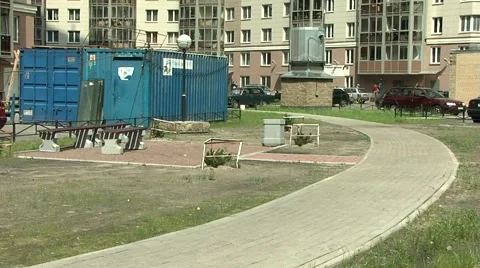Courtyard house with the blue containers Stock Footage 5066396