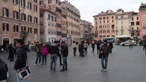 Courtyard piazza next to spanish steps with fountain pan right to left rome Video stock 252147709