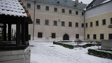 COURTYARD RED ROCK CASTLE SLOVAKIA Stock Footage 2880153