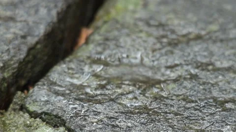 Courtyrd is paved. Raining outside, with splashes, falling on pavement  Stock Footage 59843192
