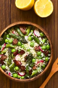 Couscous Asparagus Pea Radish Bacon Salad Stock Photos