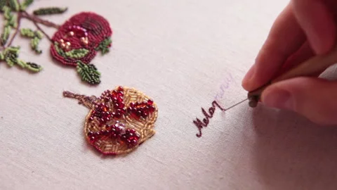 Couture embroidery using Luneville hook (crochet). Chain stitch Stock Footage 146261030