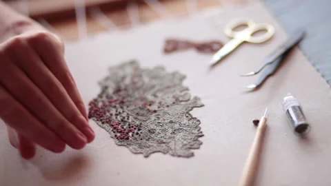 Couture embroidery. Using needle and luneville hook (crochet). French knots o Stock Footage 146264375