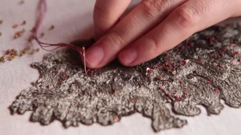 Couture embroidery. Using needle and luneville hook (crochet). French knots o Stock Footage 146264430