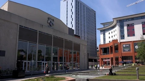 Coventry modern city centre with people and cars England UK 4K Stock-Footage 109468162
