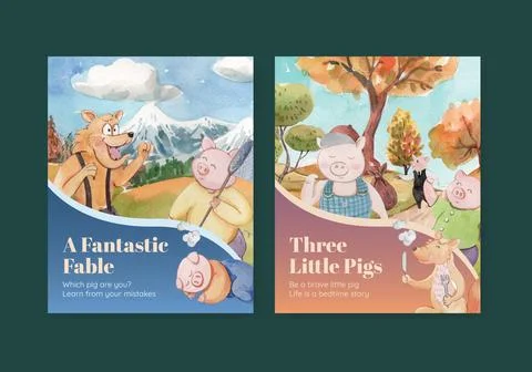 Cover book template with cute three little pigs concept ,watercolor style Stock Illustration