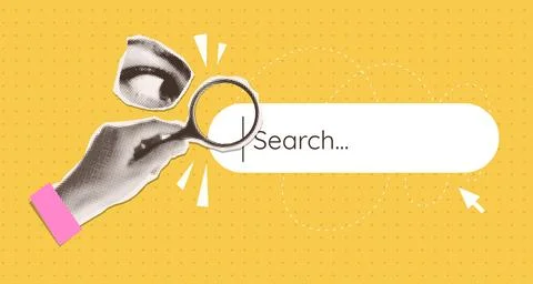 Cover with browser bar, toolbar. Human hand with magnifying glass in dotted pop Stock Illustration