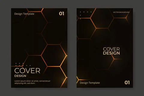 Cover design background vector set. Black and orange hexagonal brochure Stock Illustration